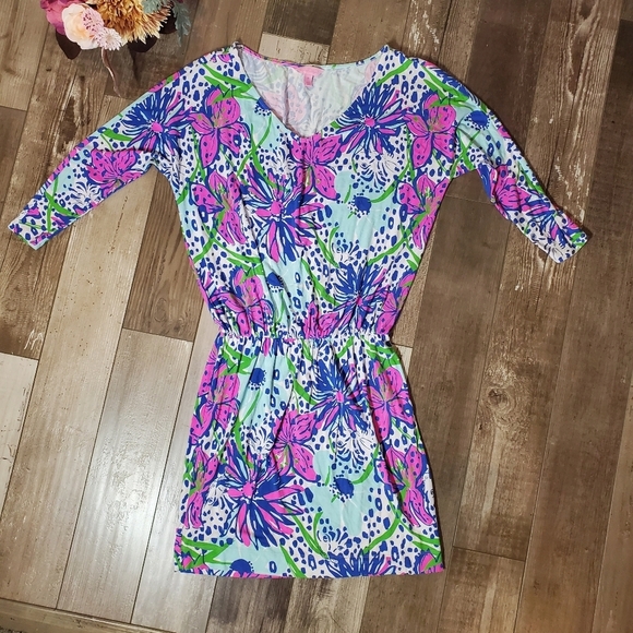 Lilly Pulitzer Floral In The Garden Cara Dress Drop Waist Dolman Sleeve Size XS - Picture 16 of 16